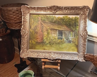 Southern Appalachian Folk Art Oil Painting Cabin in the Woods with Roses Framed