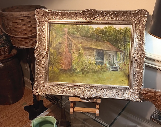 Southern Appalachian Folk Art Oil Painting Cabin in the Woods with Roses Framed