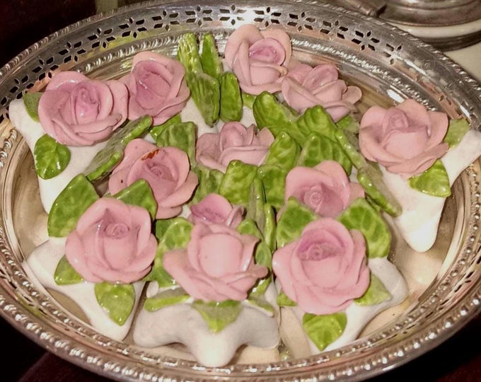 12 Dresden China Porcelain Rose Place Card Holders Karl Heinz Klette 1960s lovely miniature table settings