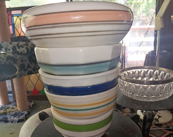Stoneware Bowls Antique Kitchen Collection Colorful 1920s 1930s 5 Pieces