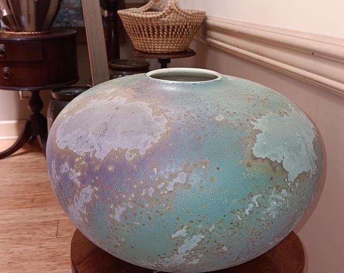 Large Raku Vase by Tony Evans Seed Pot Blue Pink Sunset Colors