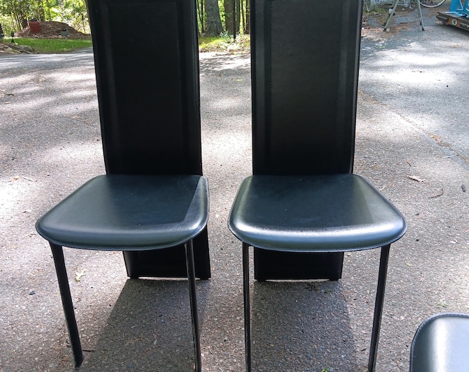 Italian Leather Chairs Vintage Postmodern Classic Steel Frame Chairs a Pair