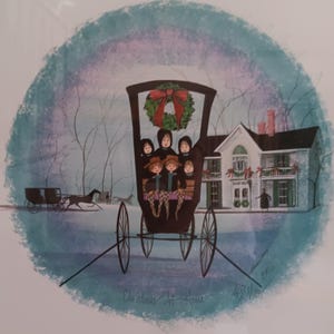 May include: A framed print titled "Christmas At Home" shows a horse-drawn carriage with a family, and a house in the background. The carriage has a wreath, and the scene is set in a snowy landscape. The artwork is signed by the artist.