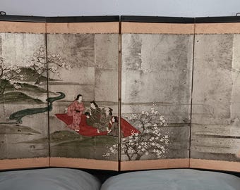 Vintage Japanese Folding Screen 4-Panel Byobu Hand Painted Desk Sized 30 inches by 15.5