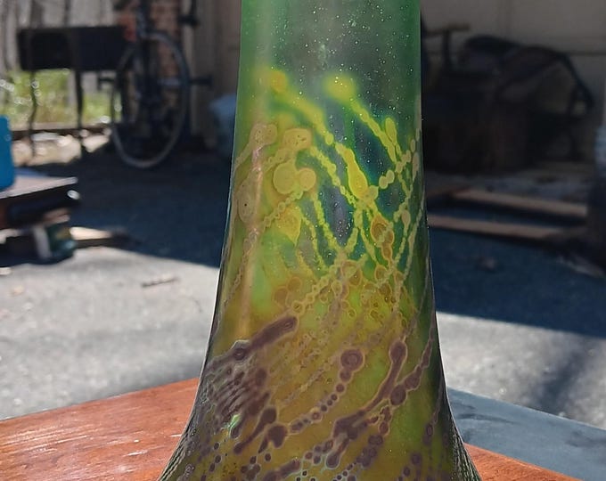 Robert Coleman Iridescent Vase Green and Gold Favrile Style Art Glass