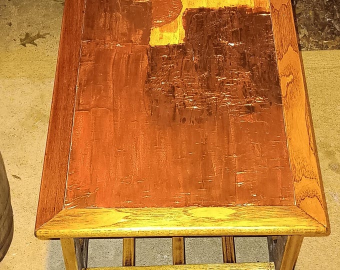 Mid-century Walnut Bar Cart Refinished and Refurbished with vibrant metallic oil painting top