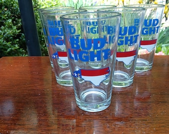 NOS Bud Light 1982 North Carolina 16 Ounce Beer Glasses Set of Six First Year Brand Introduction Promotional Pieces