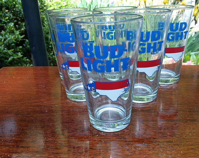 NOS Bud Light 1982 North Carolina 16 Ounce Beer Glasses Set of Six First Year Brand Introduction Promotional Pieces