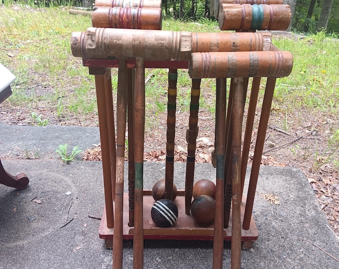 Antique Croquet Set 1890s-1920s, Original Polychrome Paint, Sports Decor