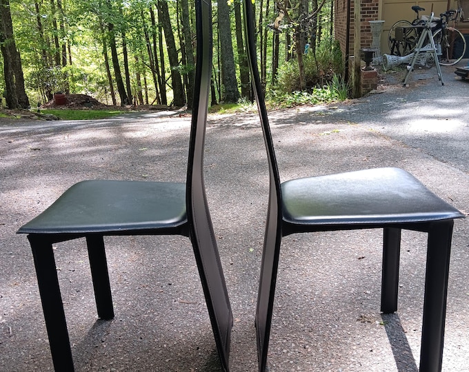 Italian Leather Chairs Vintage Postmodern Classic Steel Frame Chairs a Pair