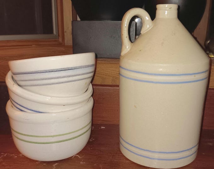 Blue White Striped Stoneware Jug and Bowls early 1900s Mountainside Arts New England Pottery