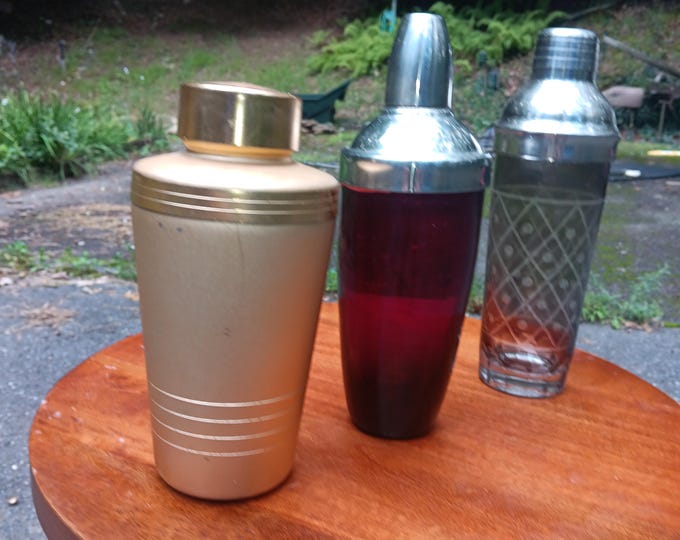 Three Vintage Cocktail Shakers Ruby Glass Diamond Cut Crystal Mirro MCM Aluminum Oversized Gold Tone