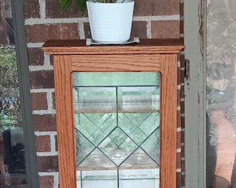 Vintage Hand Crafted Hanging Bathroom Cabinet with Mirror and Leaded Frosted Glass and Mortise and Tenon Highlights
