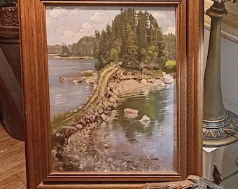 Maine Landscape in Oil, "June Morning at Pretty Marsh," Mt. Desert Island 1984, by notable artist Joellyn T. Duesberry (1944-2016).