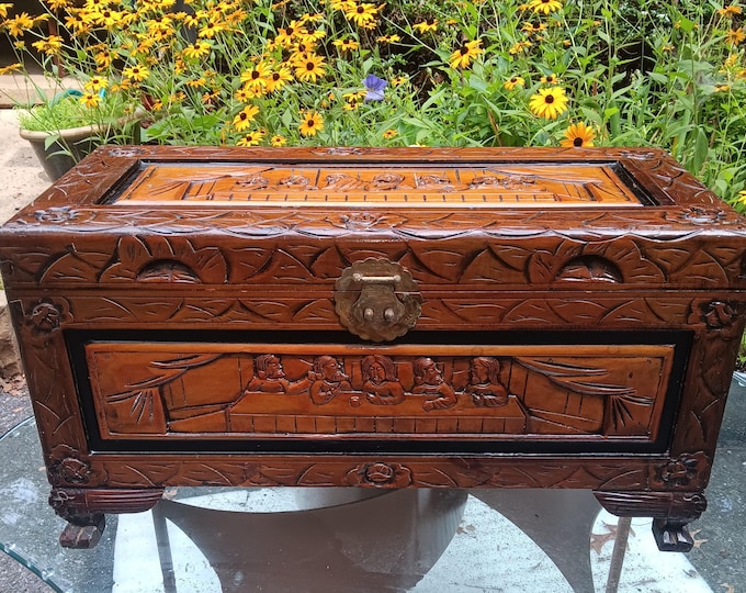 Vintage Carved Camphor Wood Trunk Ornate Hand Carving 1970s 27x15x13