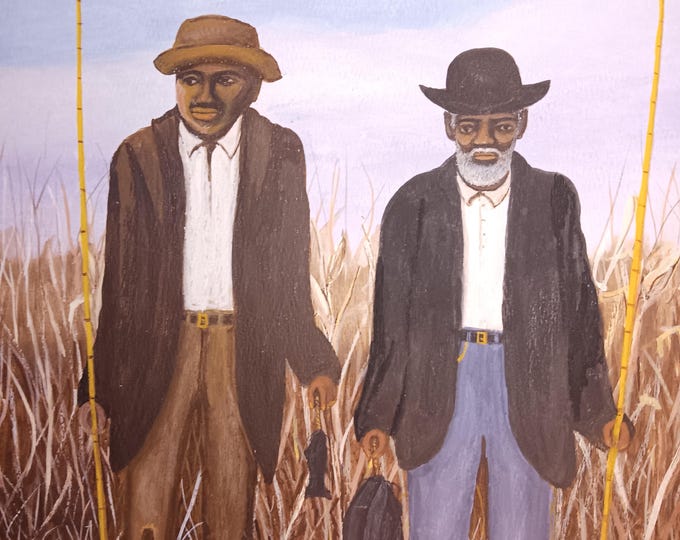 Black Folk Art Original Painting Two Fishermen "J.P.R. '23" "Know How" in Excellent Folk Art Frame 1923 10 by 10; framed 21 by 17.