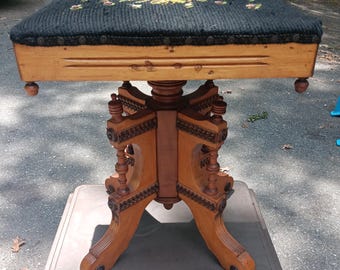 Eastlake Style Piano Stool Acorn Finial Drops Chip Carving Fine Victorian Adjustable with Needlepoint Seat