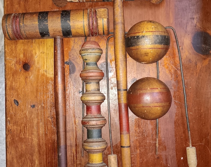 Antique croquet set great sports decor display original polychrome paint