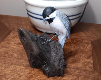 Folk Art Bird Carving Chickadee on a Stump Signed Vintage Southern Art
