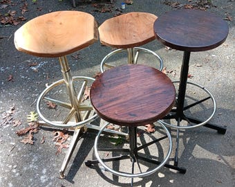 Mid-century bar stools, a pair, with oak seats, black and chrome, mid-century meets industrial