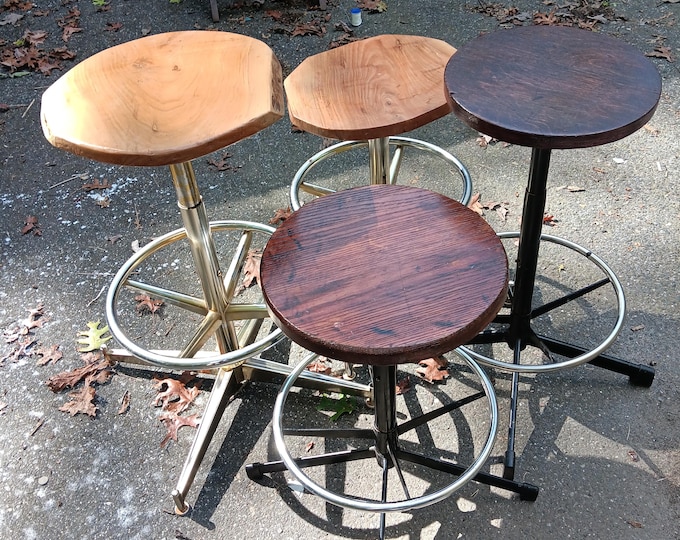 Mid-century bar stools, a pair, with oak seats, black and chrome, mid-century meets industrial