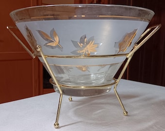 Mid-century Starlyte Chip and Dip Set Gold Leaf Frosted Glass