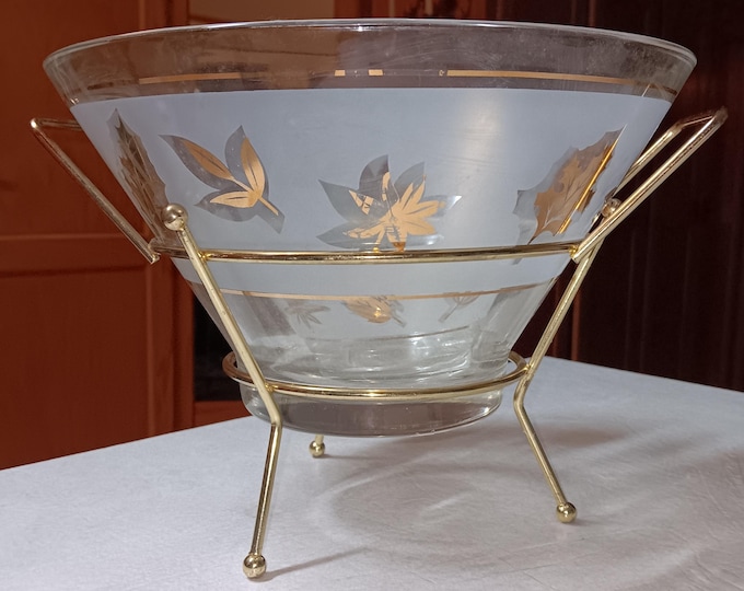 Mid-century Starlyte Chip and Dip Set Gold Leaf Frosted Glass