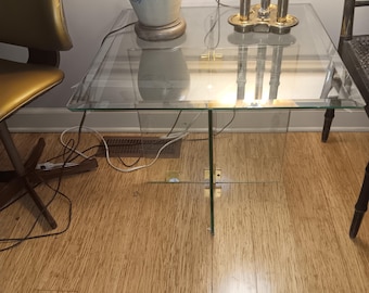 Glass and Brass Side Table Leon Rosen for Pace Minimalist Solid Glass 1970s