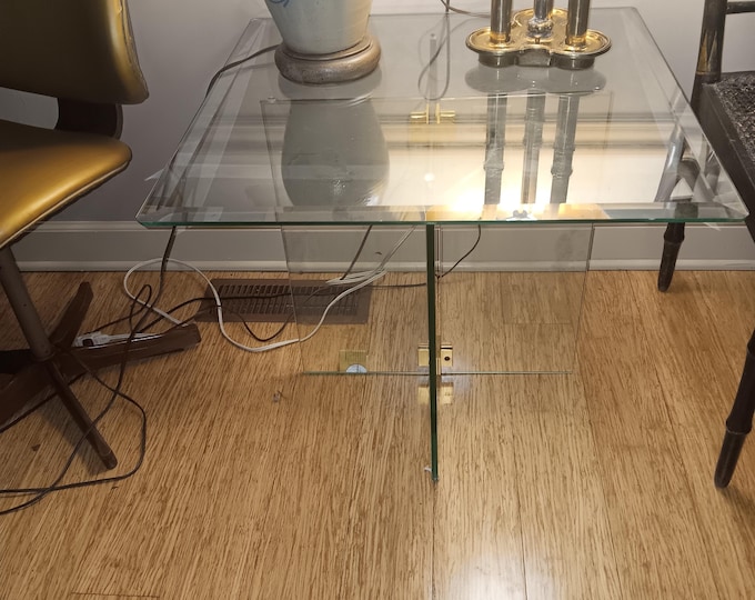 Glass and Brass Side Table Leon Rosen for Pace Minimalist Solid Glass 1970s