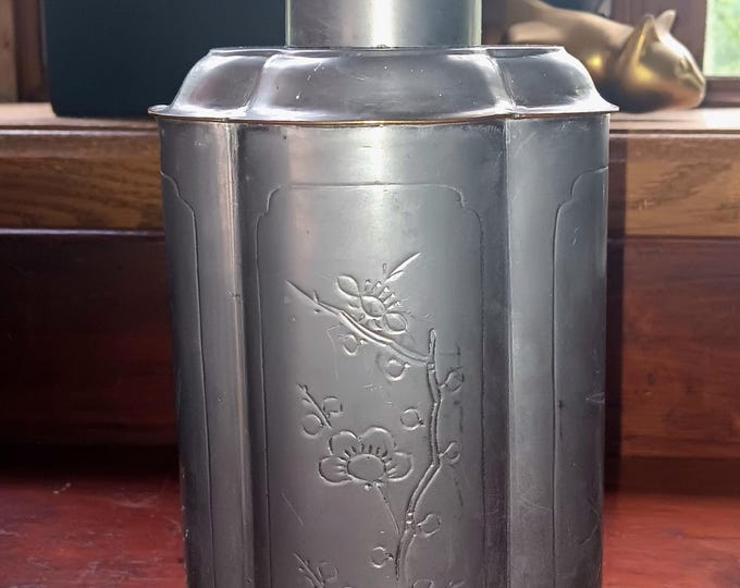Vintage Chinese Tea Caddy large pewter master caddy for bulk tea with top dispenser