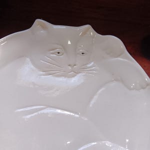 May include: A white ceramic cat-shaped dish. The dish features a detailed embossed design of a cat's face and body. The cat's face has detailed eyes, nose, and whiskers. The dish is a decorative item.