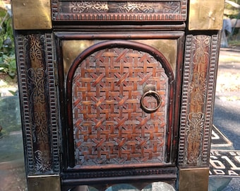 Vintage Small Asian Cabinet Brass Panels  Wood Wicker 13.5x12x10