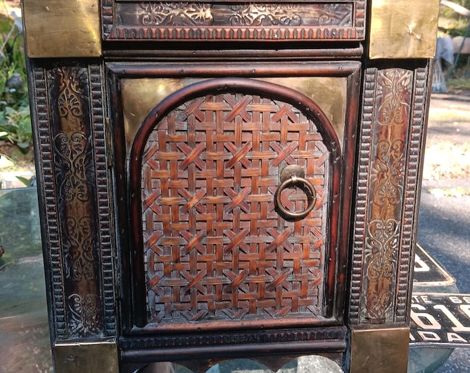 Vintage Small Asian Cabinet Brass Panels  Wood Wicker 13.5x12x10