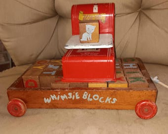 Vintage 50s Toys Whimsie Blocks Wa-It Scale wooden blocks in wagon working toy scale