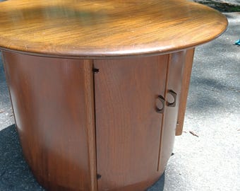 Vintage Lane Drum Table 1966 Walnut with Fins! 28 by 21 honey hued two doors lots of storage