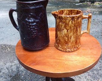 Stoneware Spongeware Pitcher and Bennington Style Wine Pitcher, Late 1800s early 1900s, a Pair!