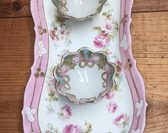 Porcelain Celery Dish and Condiment Bowls Hand Painted Gorgeous Set of Serving Dishes