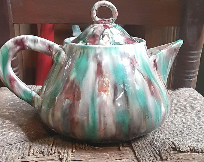 Beautiful Italian pottery teapot, heavy multicolored glaze