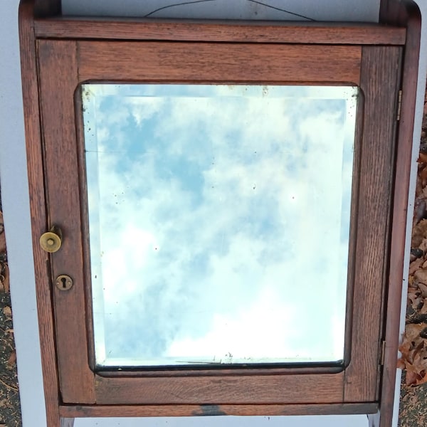 Antique hanging wall cabinet c. 1890 3 shelf medicine cabinet great beveled mirror brass knob all original