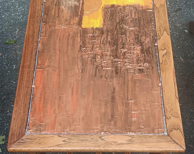 Mid-century Walnut Bar Cart Refinished and Refurbished with vibrant metallic oil painting top