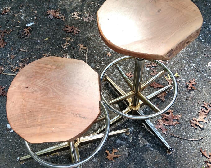Mid-century bar stool pair Atomic Era base large live edge walnut seats chrome steel wood stools