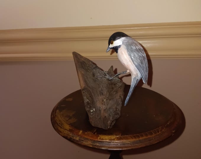 Folk Art Bird Carving Chickadee on a Stump Signed Vintage Southern Art