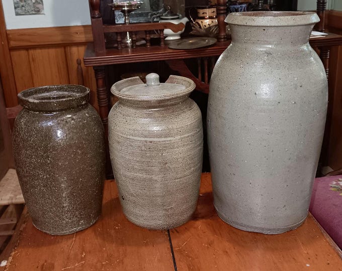 Antique NC Pottery Stoneware Crocks 2 Salt Glazed 1880-1920 Vintage Southern Pottery