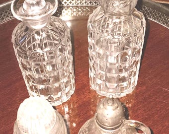 Vintage cut crystal and silver cruet set, six inches, with Victorian lacy glass salt and cut crystal pepper