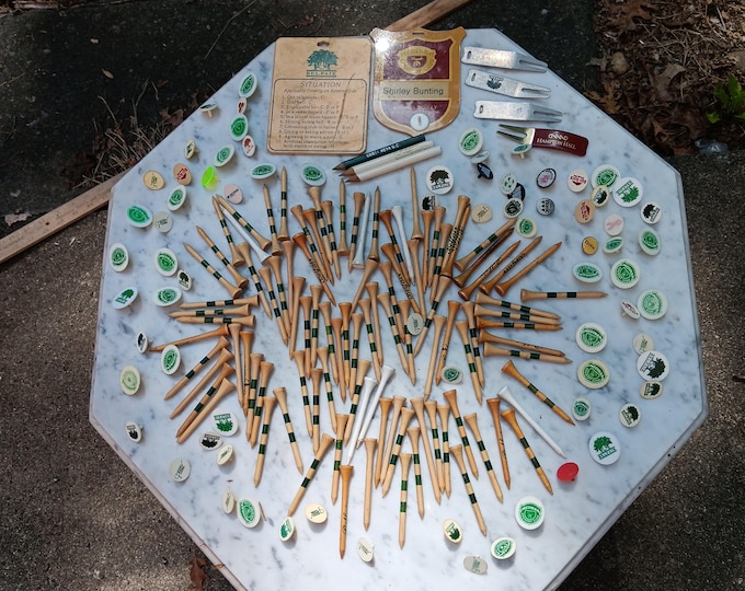 Vintage Golf Tees and Markers Long Wooden Tees Ball Markers 100+ Medinah Belfair Etc.
