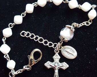 Handcrafted rosary bracelet with milky white bicone beads - adjustable from 7 to 7.5 inches!