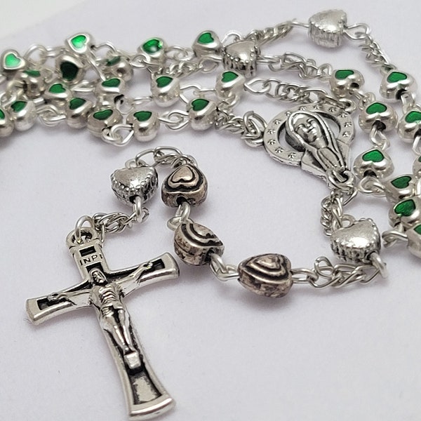 Itty-bitty green-enamel heart beads in this hand crafted five-decade rosary!