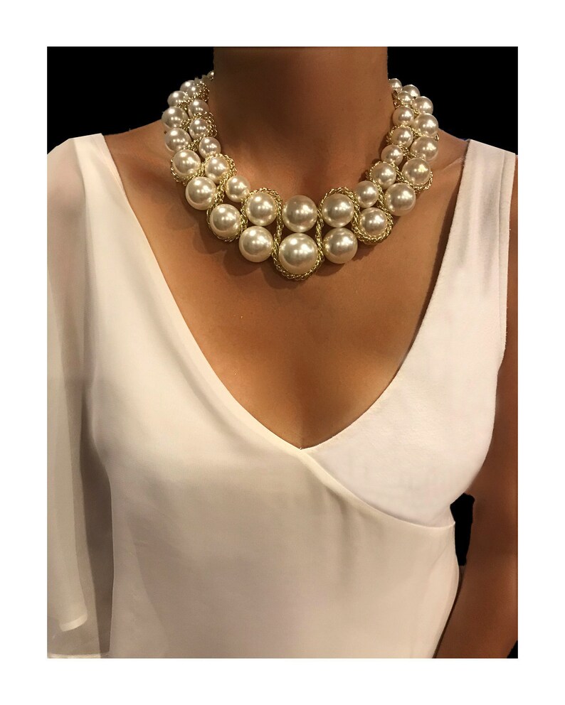 Nataliya Gold Adjustable Bead Pearl Choker Statement Necklace