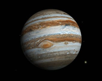 May include: A close-up of Jupiter, a gas giant with swirling clouds in shades of brown, white, and blue. The planet is set against a black background with a few small, distant stars.