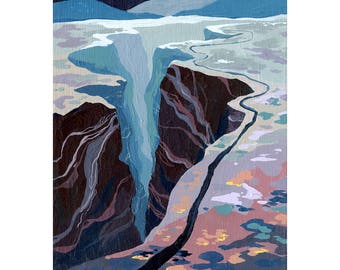 May include: A painting of a canyon with a road winding through it. The canyon walls are dark brown and the road is black. The sky is blue and there are stars in the sky. A red car is driving on the road.